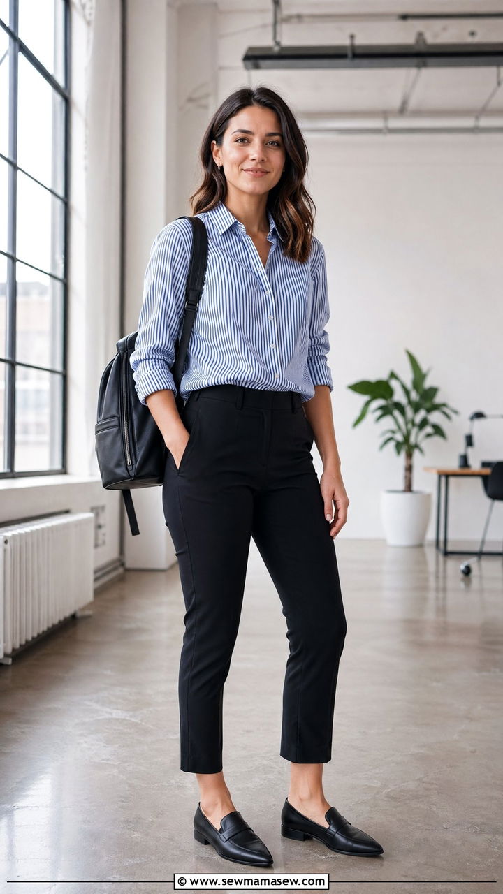 Black Cropped Trousers With Striped Button Down Summer Interview Outfit - 35 Summer job interview outfits