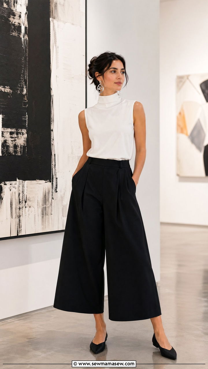 Black Culottes With A White Mock Neck Top - 35 Conference outfit ideas