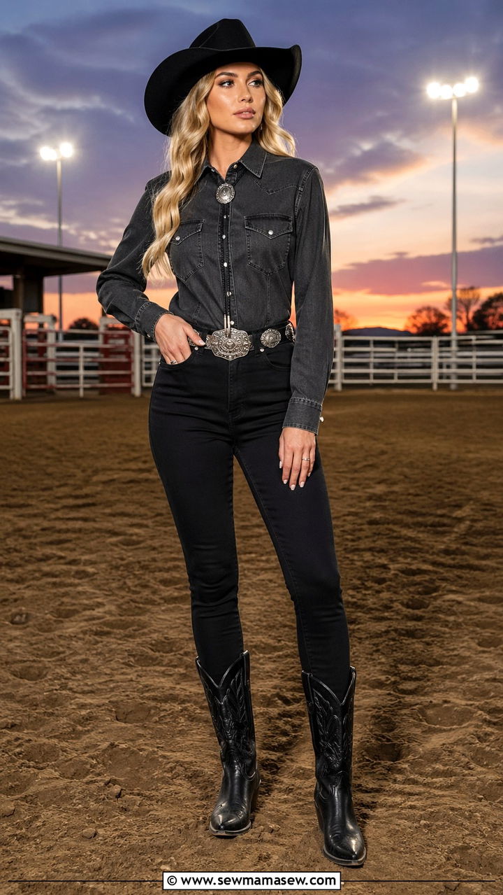 Black Denim And Statement Belt - 30 Rodeo outfit ideas for women 2026