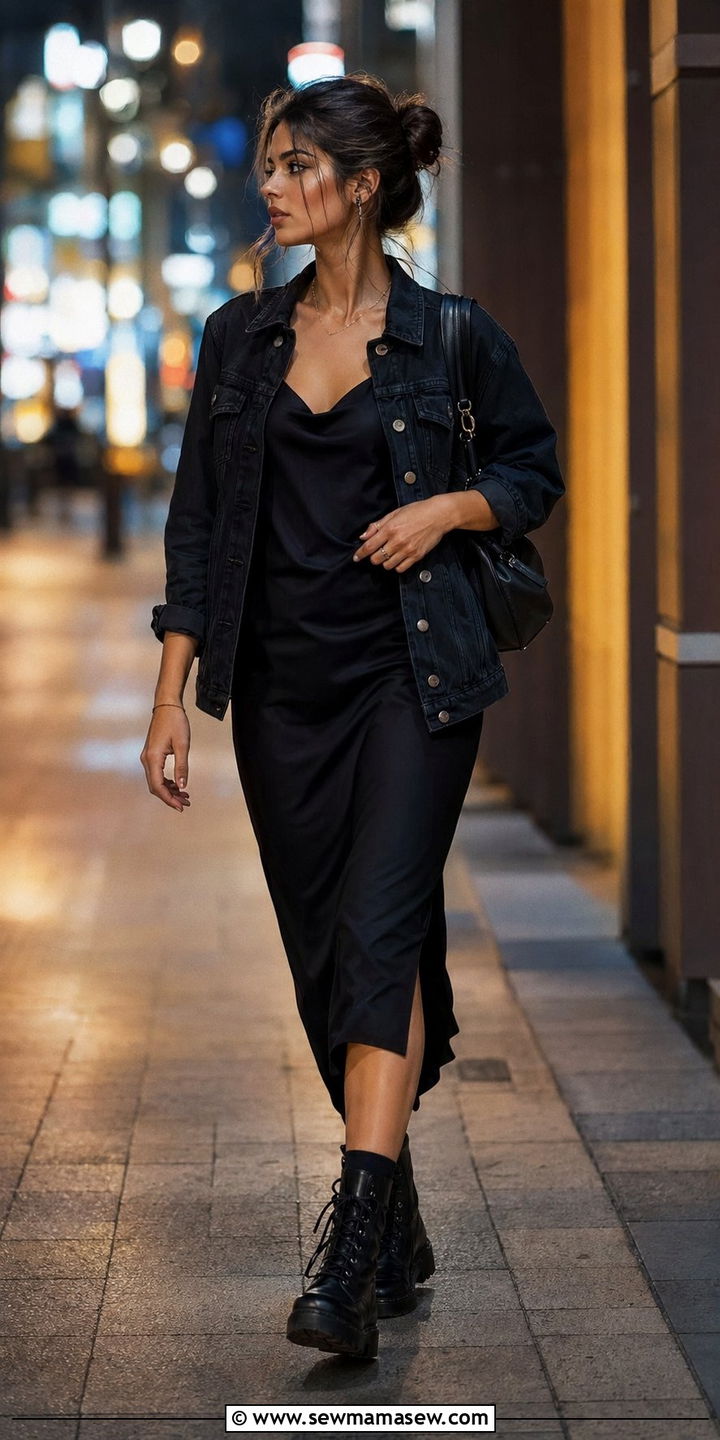Black Denim Jacket And Slip Dress - 35 Moody summer outfit ideas