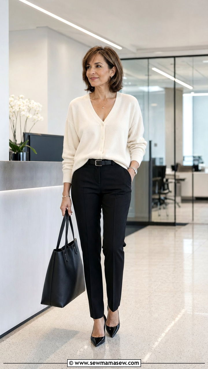 Black Dress Pants With Ivory V Neck Cardigan - 35 Petite outfit ideas for women over 40