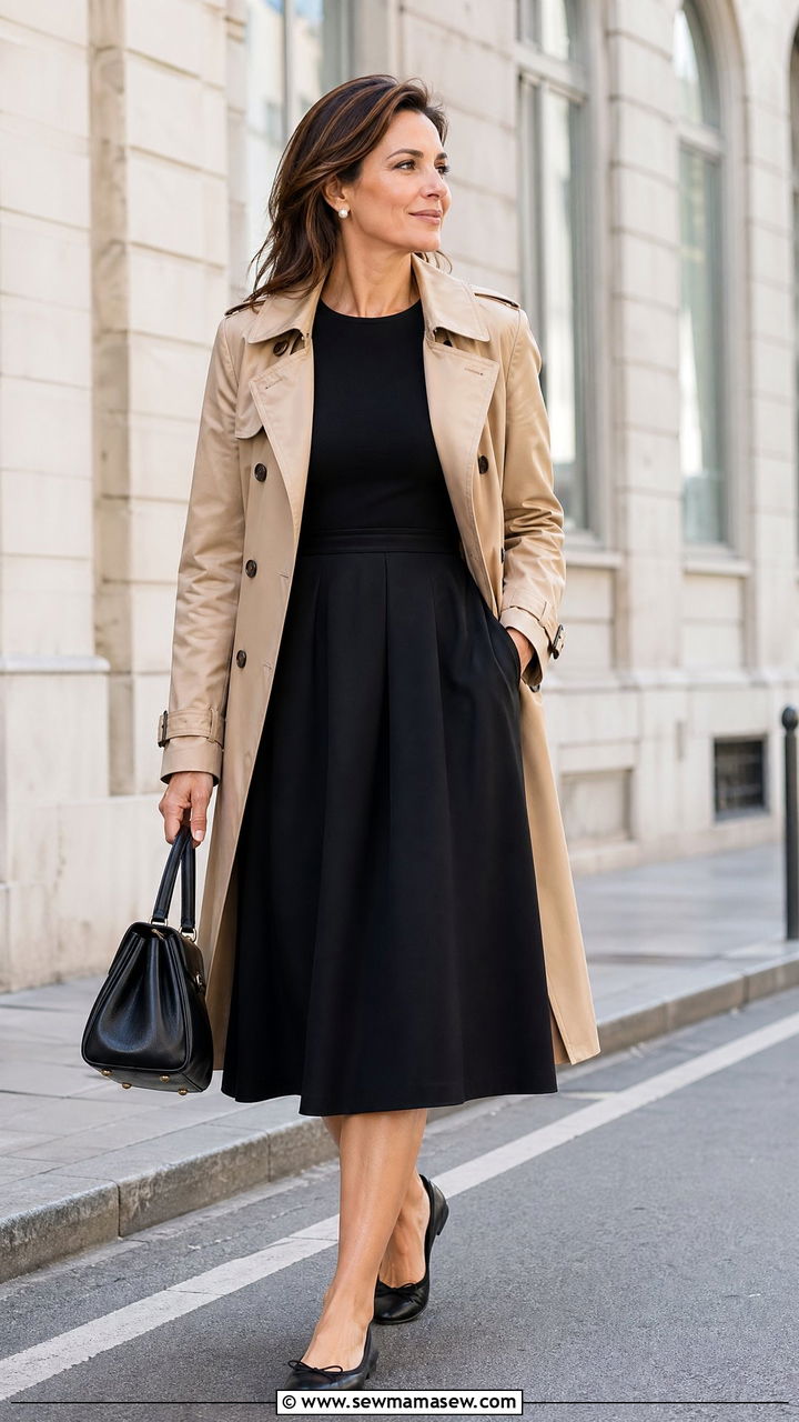 Black Dress with Trench Coat Weekend Outfit - 35 Weekend outfit ideas for women over 40