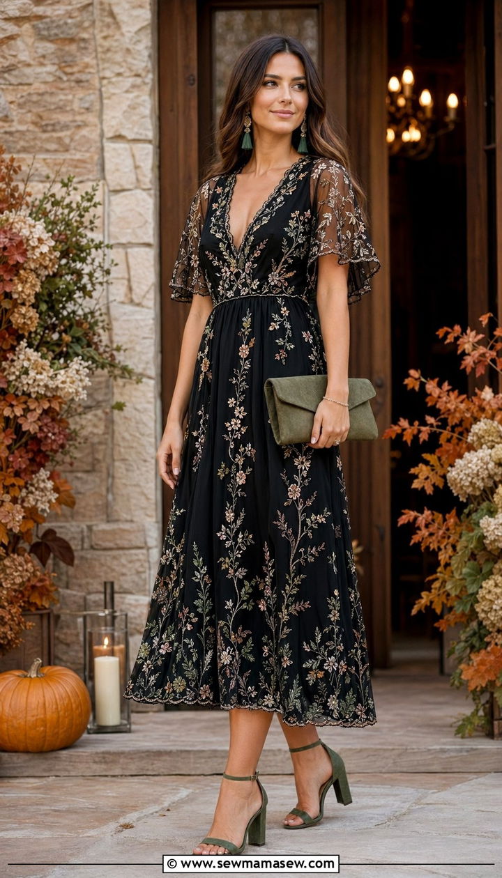 Black Embroidered Dress With Matching Heels And Tassel Earrings - 30 Black dress outfit ideas for wedding guest