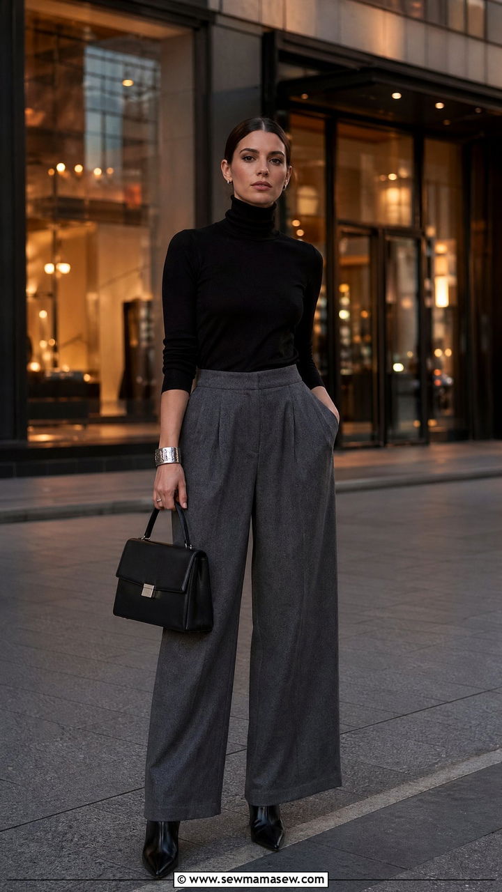 Black Fine Gauge Turtleneck with Grey Flannel Trousers - 35 transitional quiet luxury outfit ideas