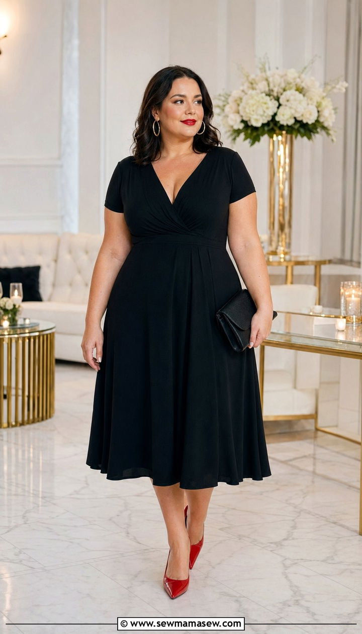 Black Fit And Flare Midi Dress With Red Heels - 30 wedding guest outfits for apple shaped body
