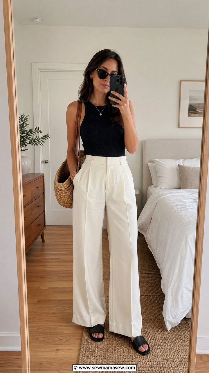 Black Fitted Tank and Cream Wide Leg Pants - 35 summer business casual outfit ideas