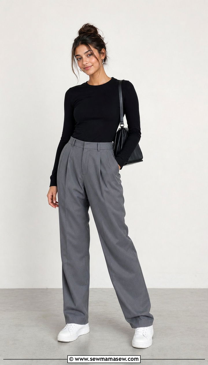 Black Fitted Top And Relaxed Gray Trousers School Look - 30 Back to school outfit ideas clean girl 2026
