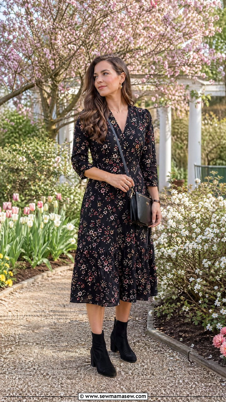 Black Floral Dress With Ankle Boots - 35 Spring outfits in black