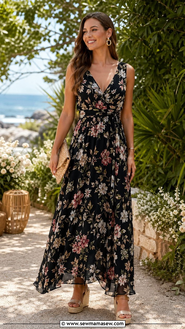 Black Floral Print Maxi Dress With Straw Bag And Wedge Sandals - 30 Black dress outfit ideas for wedding guest