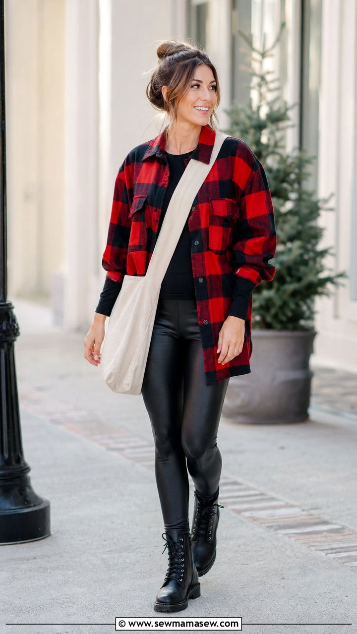 Black Friday Shopping Outfit With Flannel Shacket And Leggings - 30 Black Friday shopping outfit ideas