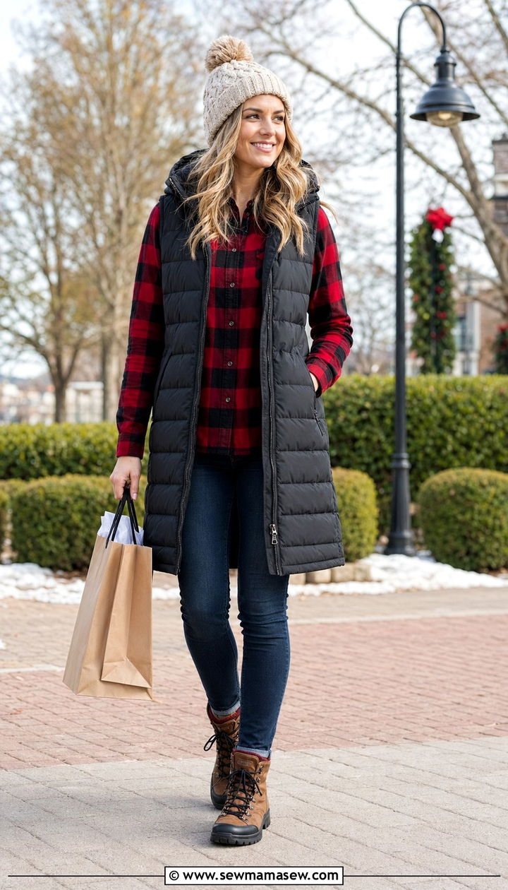 Black Friday Shopping Outfit With Puffer Vest And Flannel Shirt - 30 Black Friday shopping outfit ideas