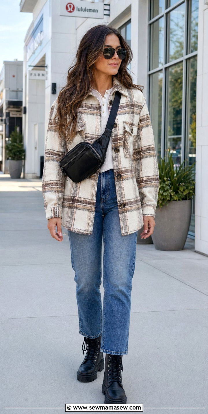 Black Friday Shopping Outfit With Shacket Jeans And Combat Boots - 30 Black Friday shopping outfit ideas
