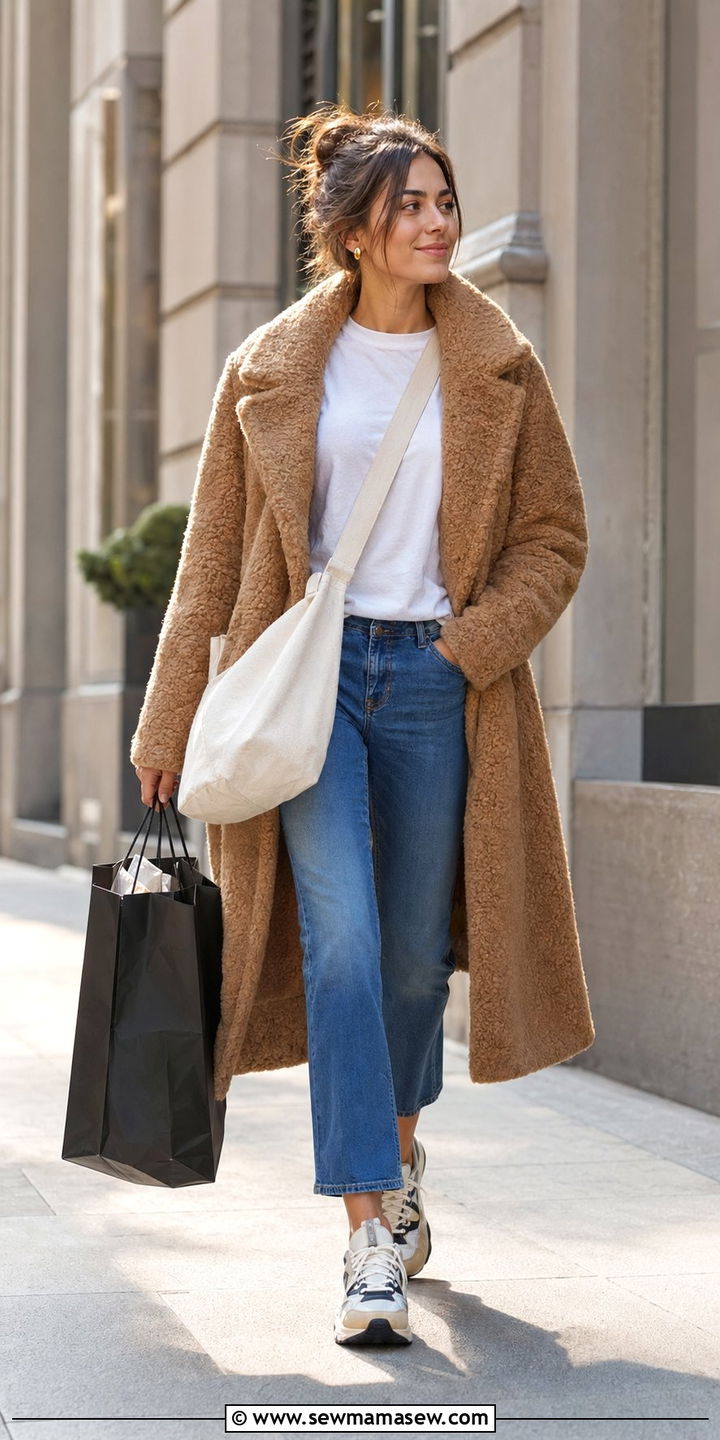Black Friday Shopping Outfit With Teddy Coat Jeans And Sneakers - 30 Black Friday shopping outfit ideas