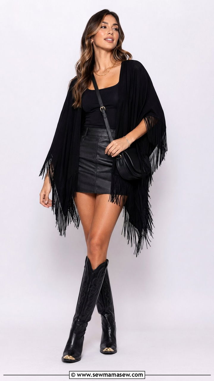 Black Fringe Poncho With A Mini Skirt And Boots - 30 Western outfit ideas for concert