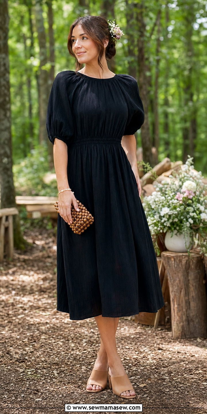 Black Gathered Waist Dress With Block Heels And Wooden Accessories - 30 Black dress outfit ideas for wedding guest
