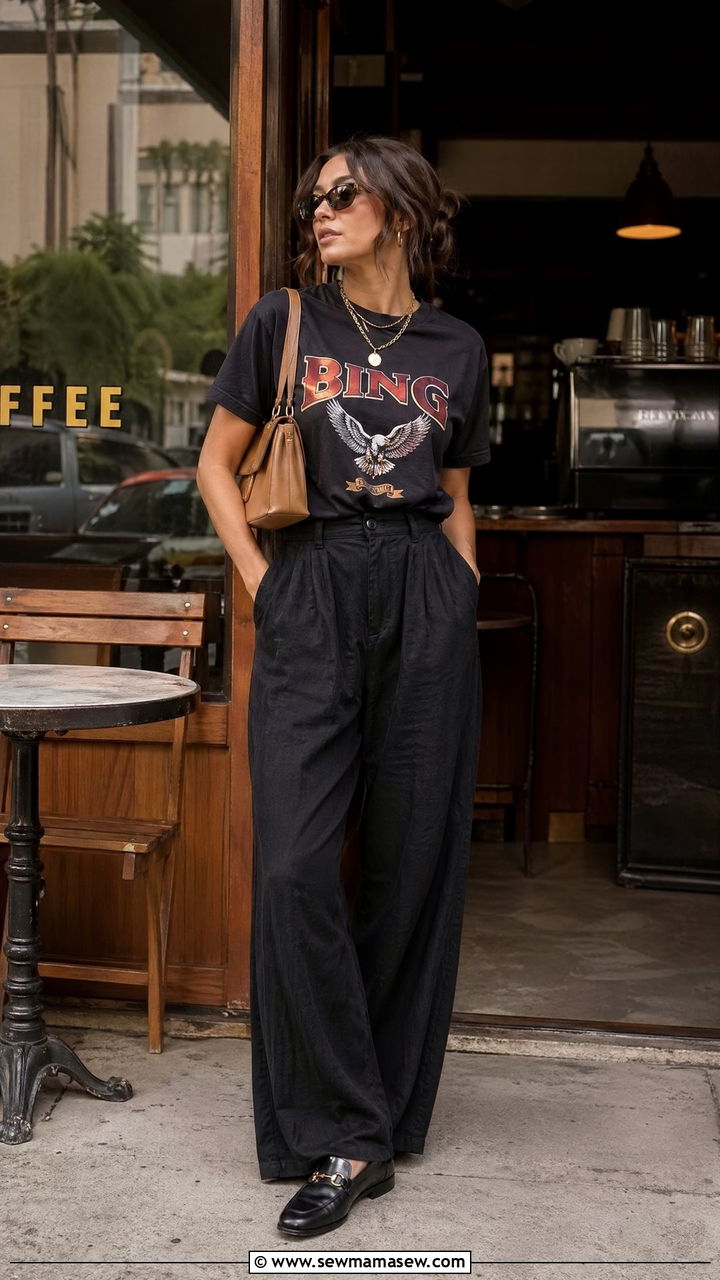 Black Graphic Tee And Linen Trousers Outfit - 35 summer black outfit ideas