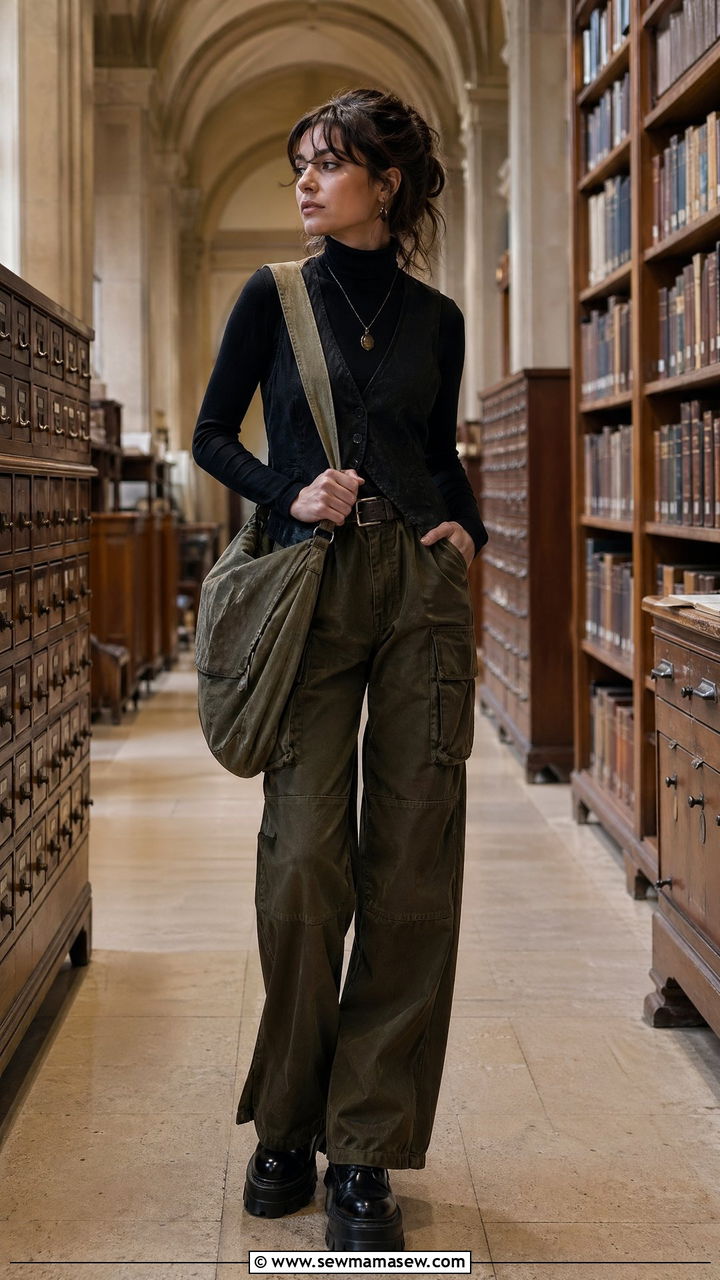 Black High Neck Top Outfit With Cargo Pants And Platform Boots - 35 Dark academia outfit ideas