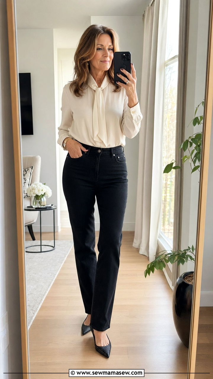 Black High Waist Jeans With Cream Blouse And Pointed Toe Flats - 30 Best jeans for women over 50