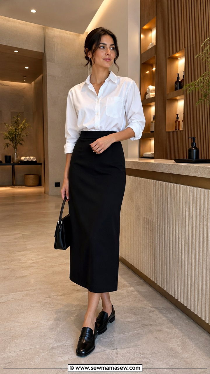 Black High Waist Skirt With Button Up Top Spa Look - 30 Spa esthetician outfit ideas