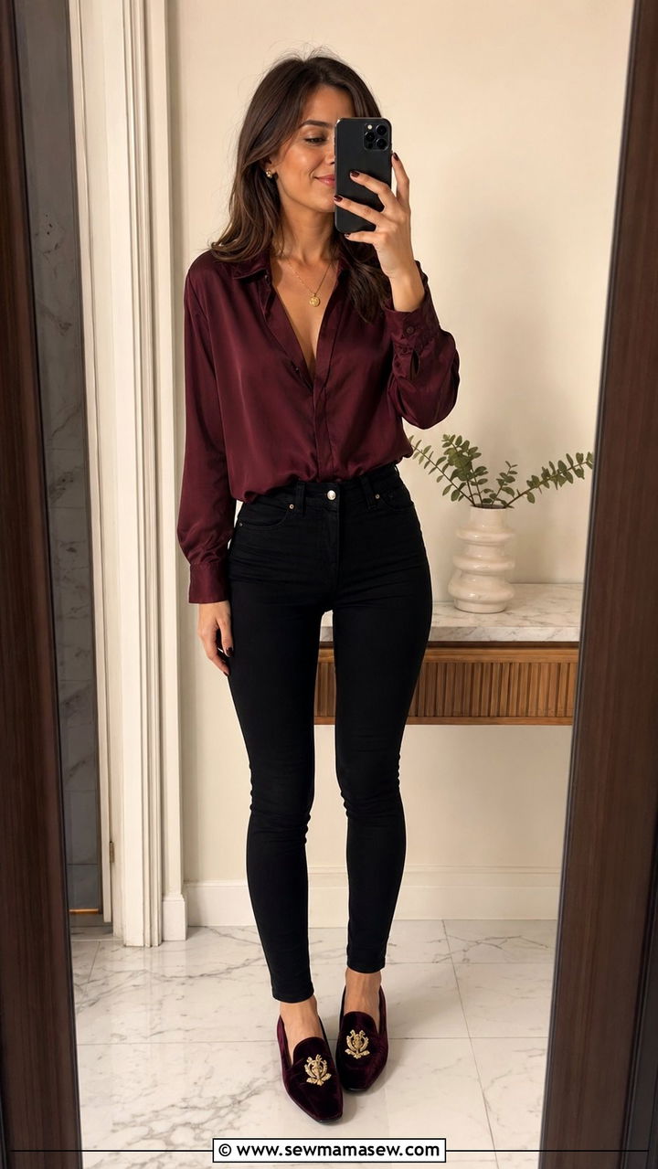 Black High Waisted Skinny Jeans With A Silk Blouse And Smoking Slippers - 30 Best jeans for petite women
