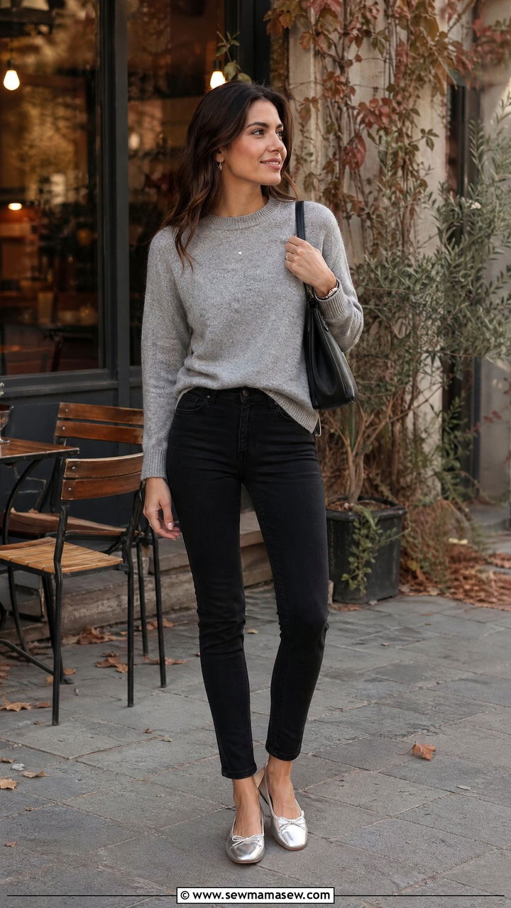 Black Jeans With Gray Cashmere Sweater And Metallic Flats - 35 classy jeans outfits