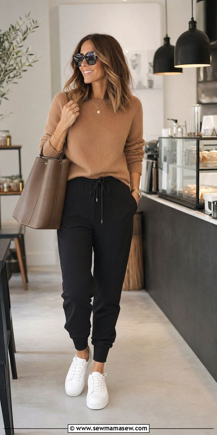 Black Joggers With A Fitted Knit Sweater And Platform Sneakers - 35 Mom style outfit ideas