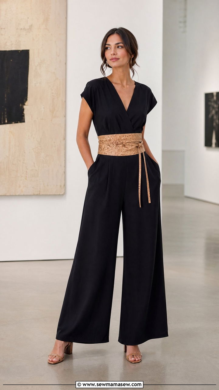 Black Jumpsuit With A Cork Obi Belt And Heeled Sandals - 35 Cork outfit ideas