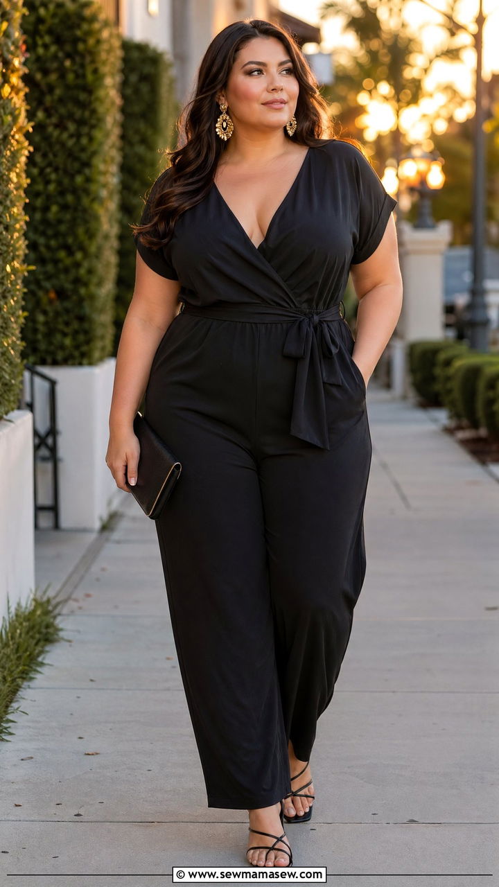 Black Jumpsuit With Statement Earrings Outfit - 35 Spring capsule wardrobe plus size
