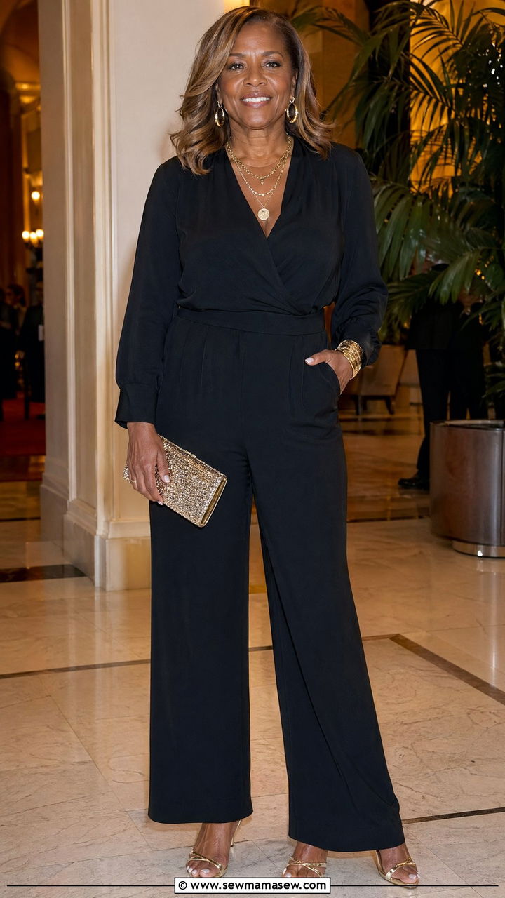 Black Jumpsuit with Metallic Accessories and Strappy Heels - 35 Classy outfit ideas for women over 50