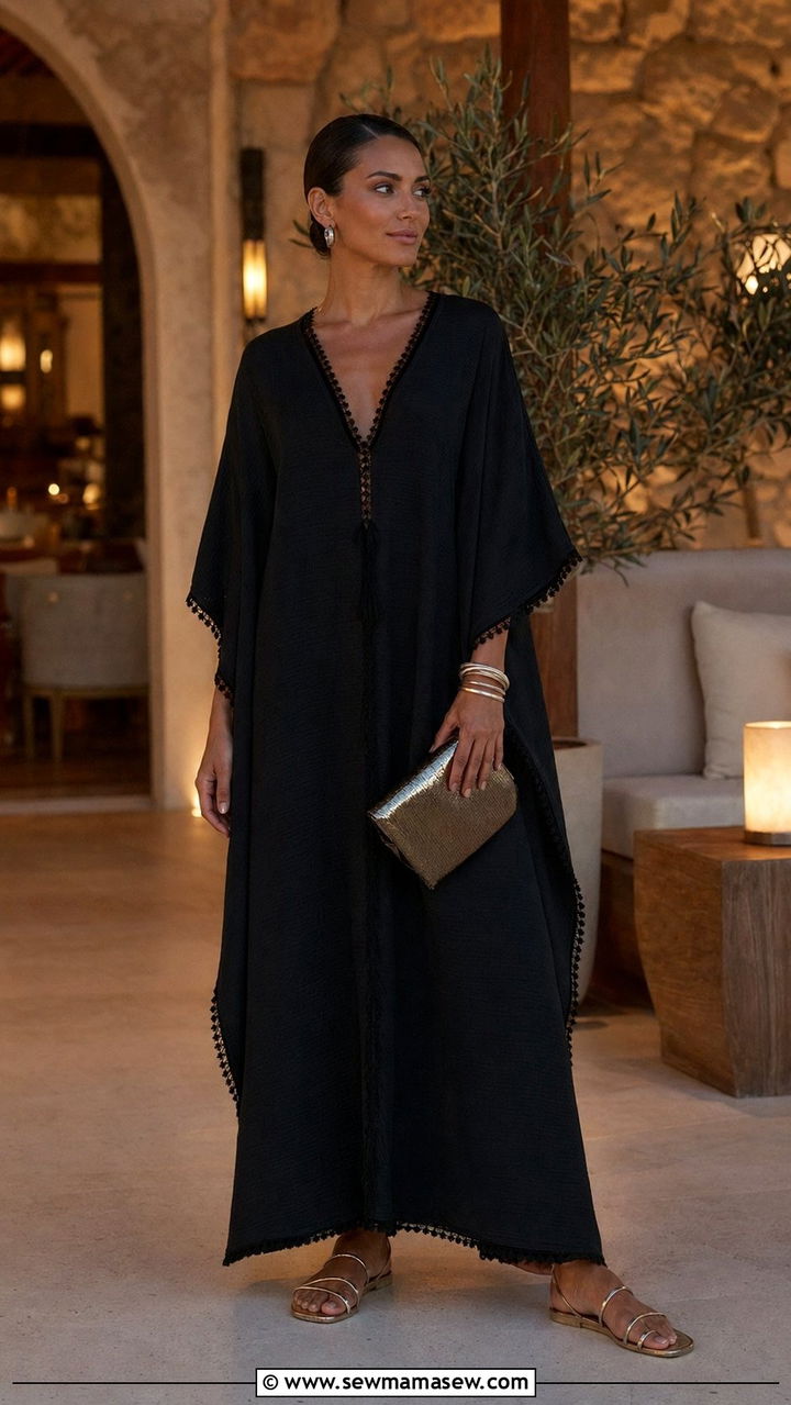Black Kaftan Maxi Dress With Lace Trim - 35 Quiet luxury outfit ideas summer 2026