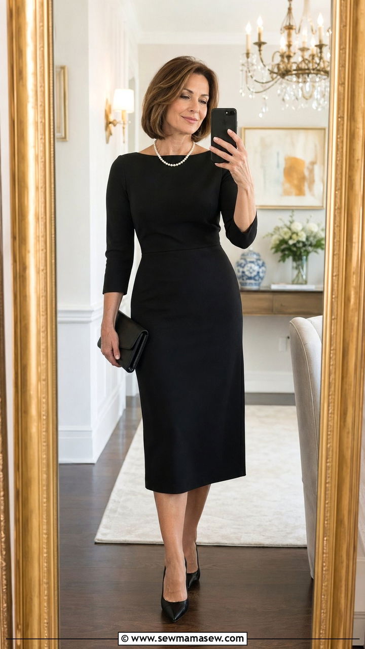 Black Knit Dress With Pearl Necklace And Classic Heels - 35 Old money outfits for women over 40