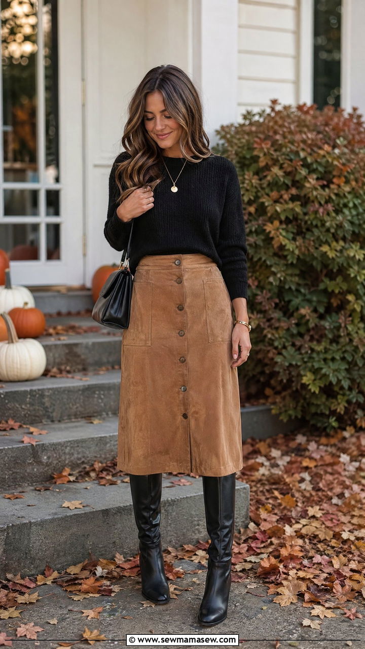 Black Knit Sweater with Tan Suede Skirt - 35 Tan and black outfit ideas
