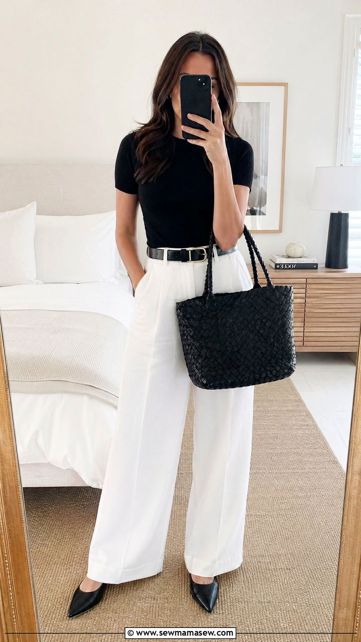 Black Knit Top With White Wide Leg Jeans - 35 Spring outfits in black