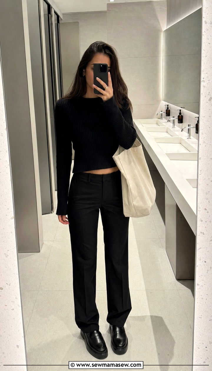 Black Knit Top with Straight Leg Trousers - 30 Black outfit ideas for work