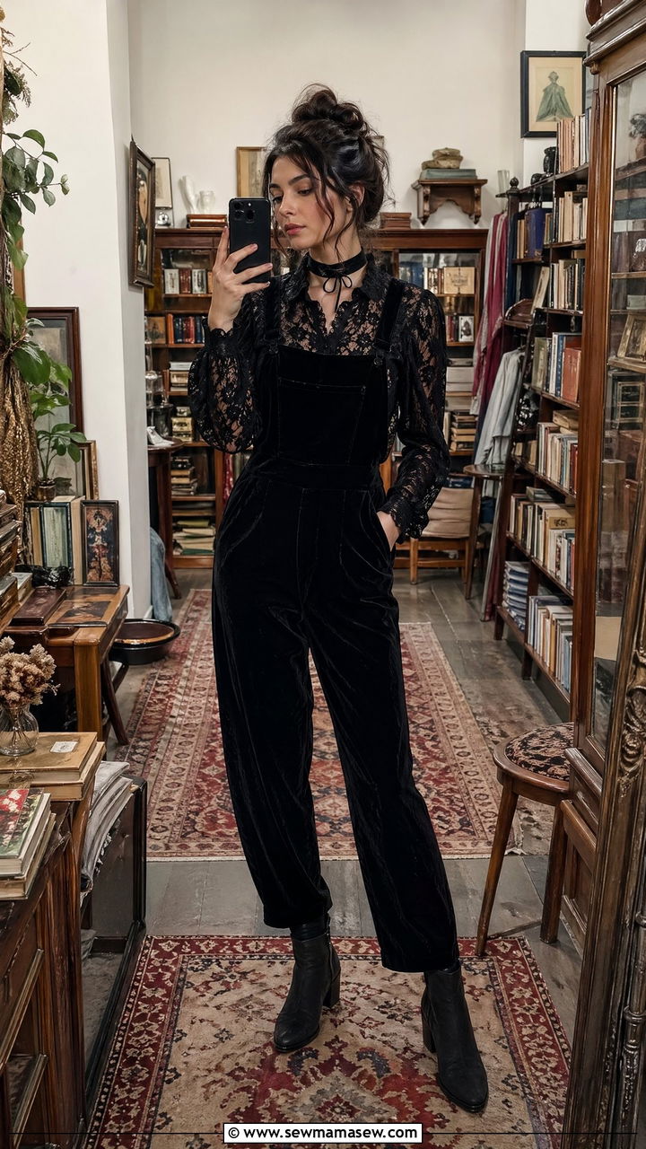 Black Lace Blouse With Velvet Overalls - 35 cottagecore outfits for women