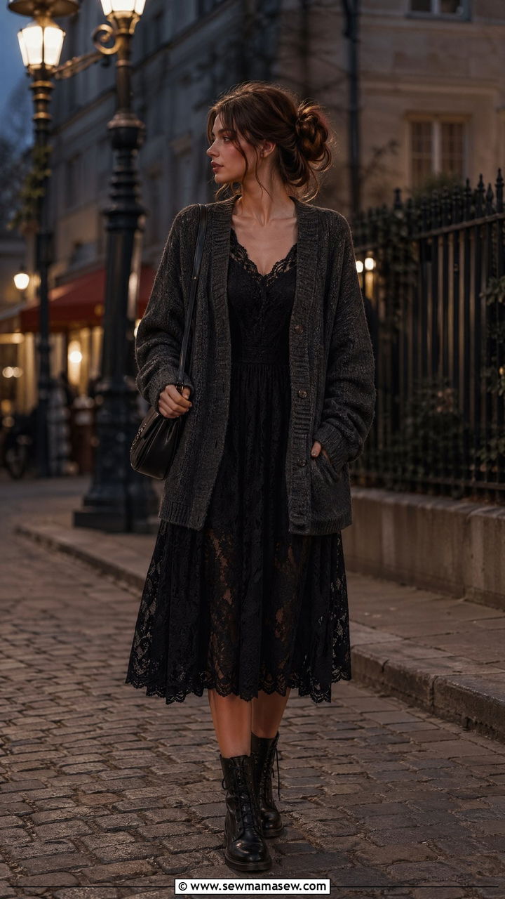 Black Lace Dress With Chunky Knit Cardigan And Combat Boots - 35 Cottagecore outfit ideas