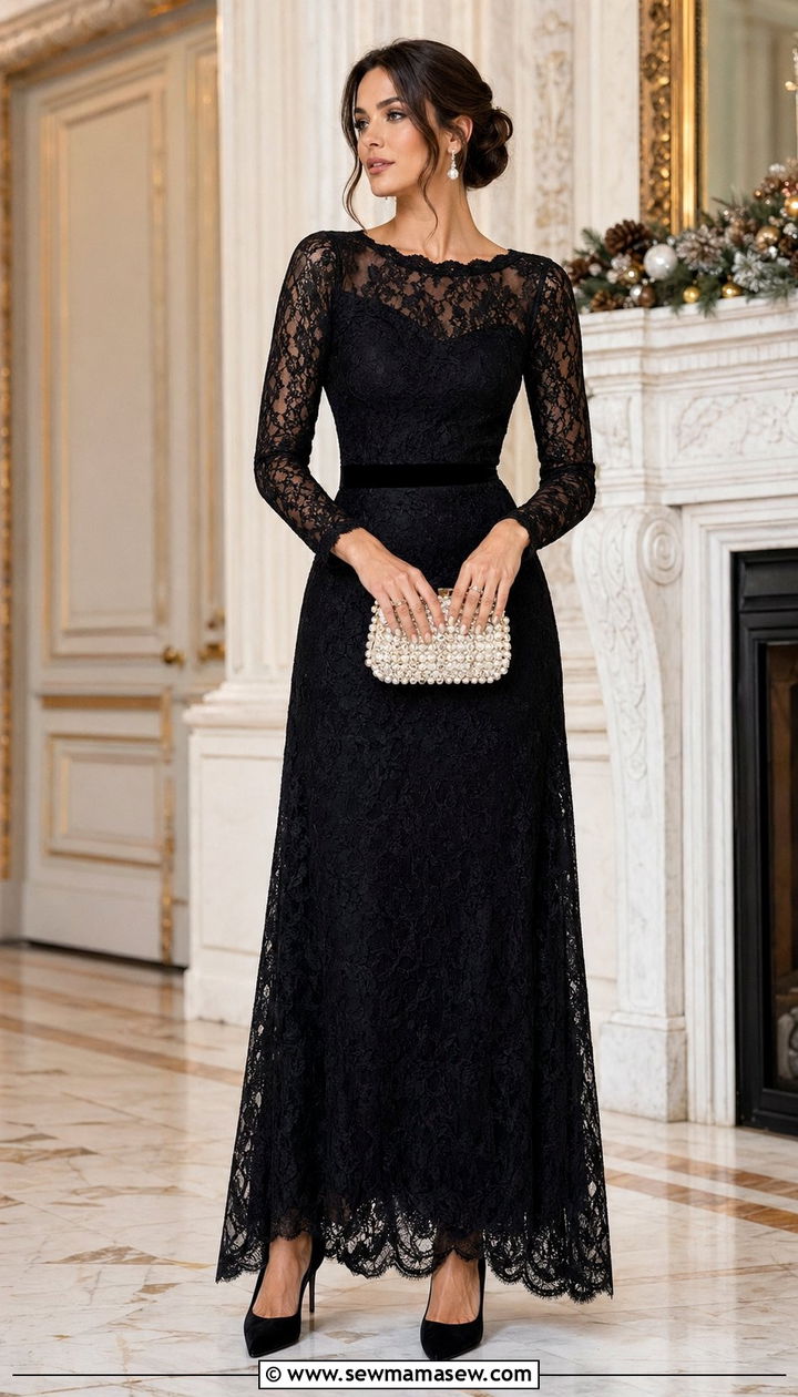 Black Lace Gown With Sheer Sleeves - 30 Black tie event outfit ideas