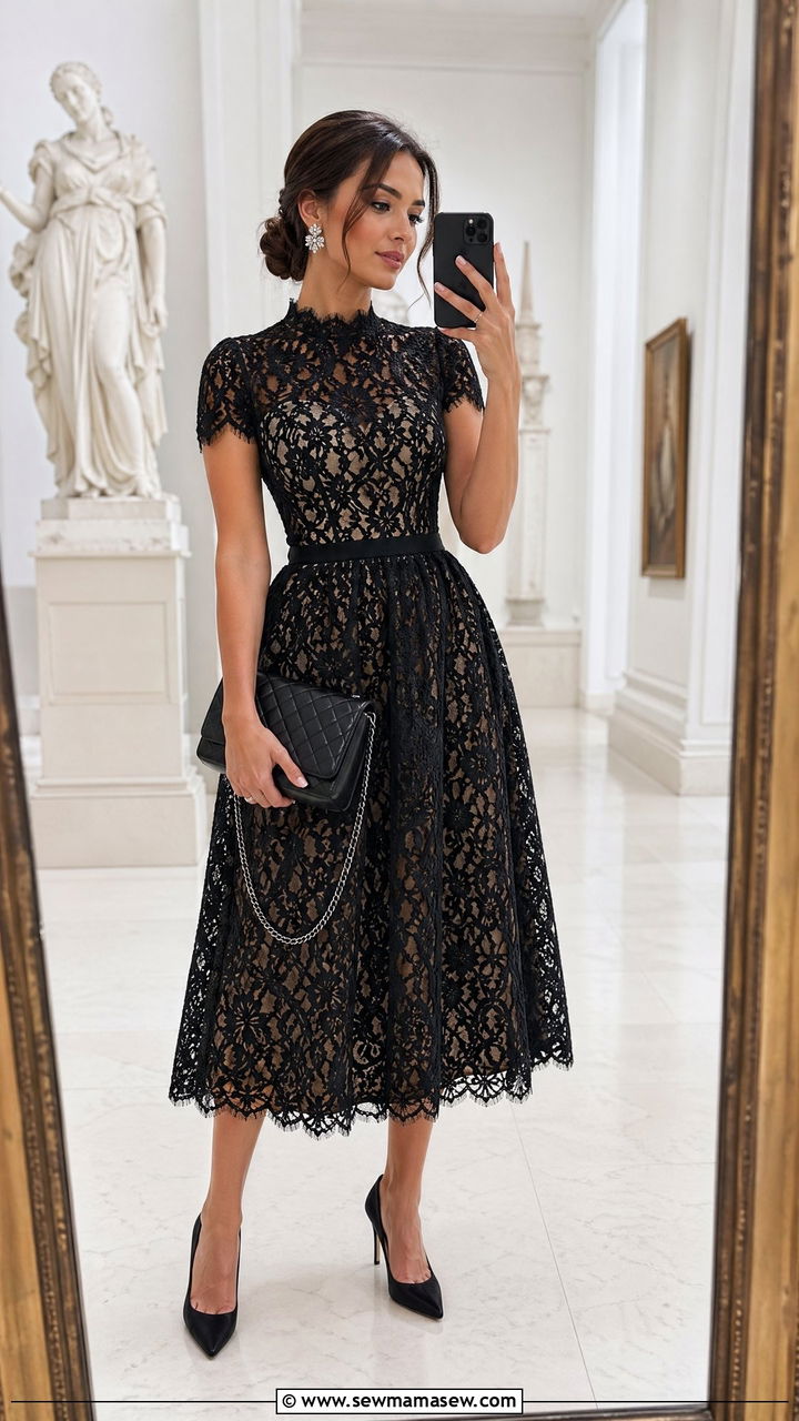 Black Lace Midi Dress Wedding Guest Outfit - 35 Wedding guest outfits for women