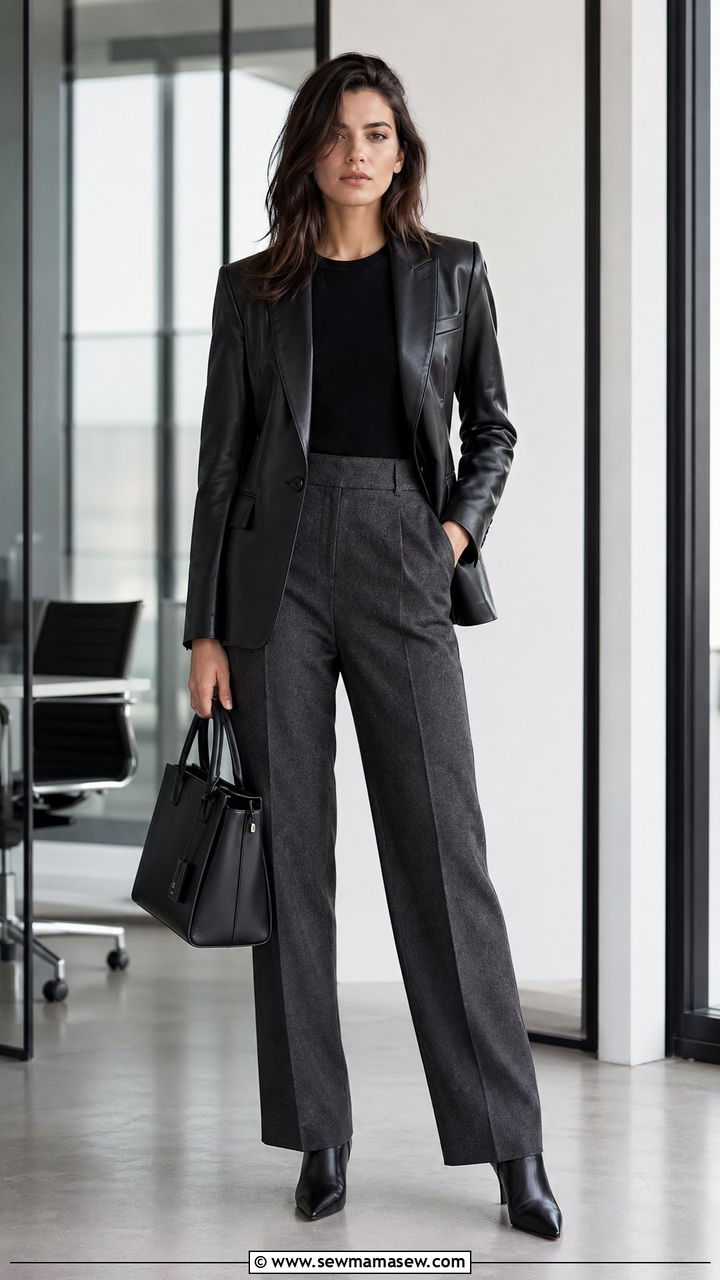 Black Leather Blazer with Gray Wool Trousers - 35 what to wear to the office