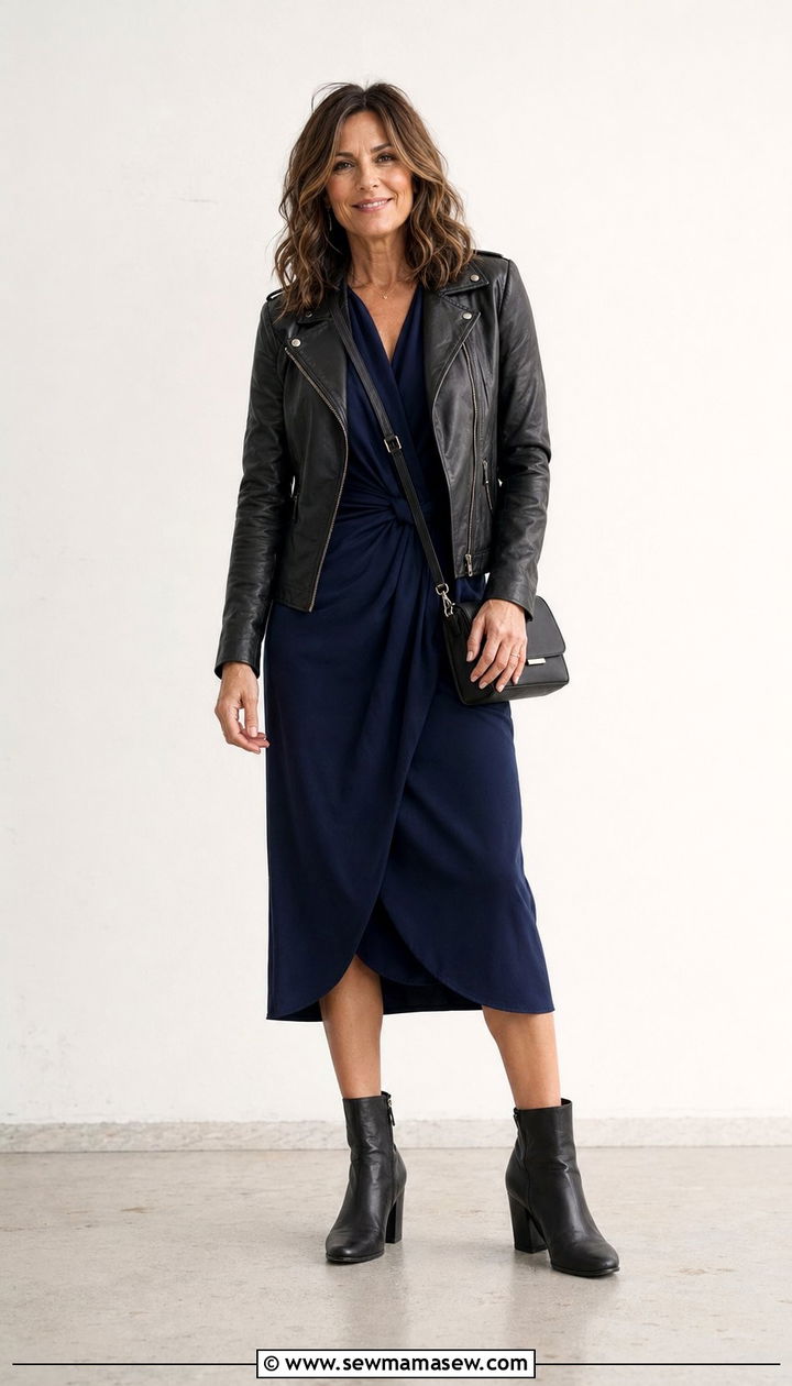 Black Leather Jacket And Midi Dress For A Concert - 30 What to wear to a concert over 40