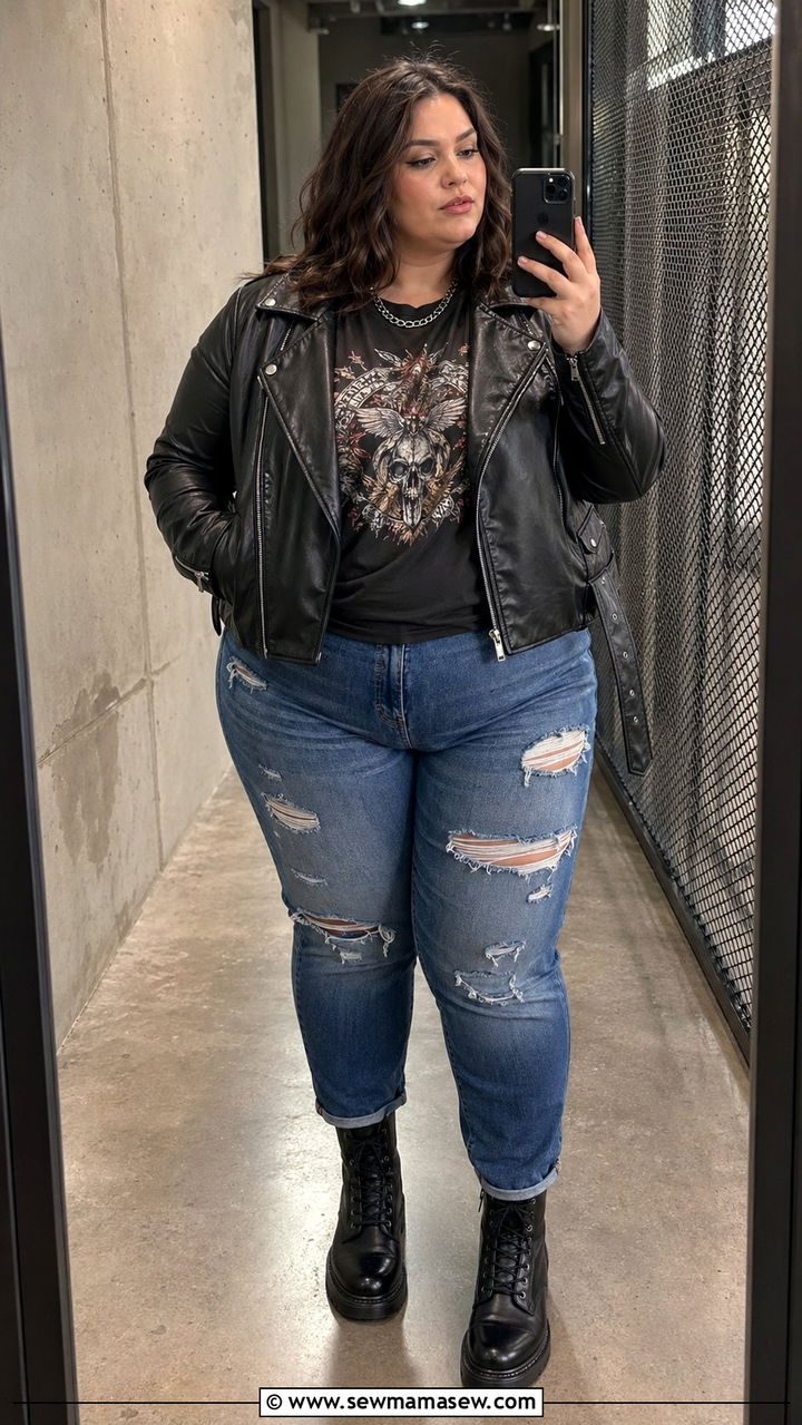 Black Leather Jacket Graphic Tee and Distressed Jeans - 35 Plus size outfit ideas size 22