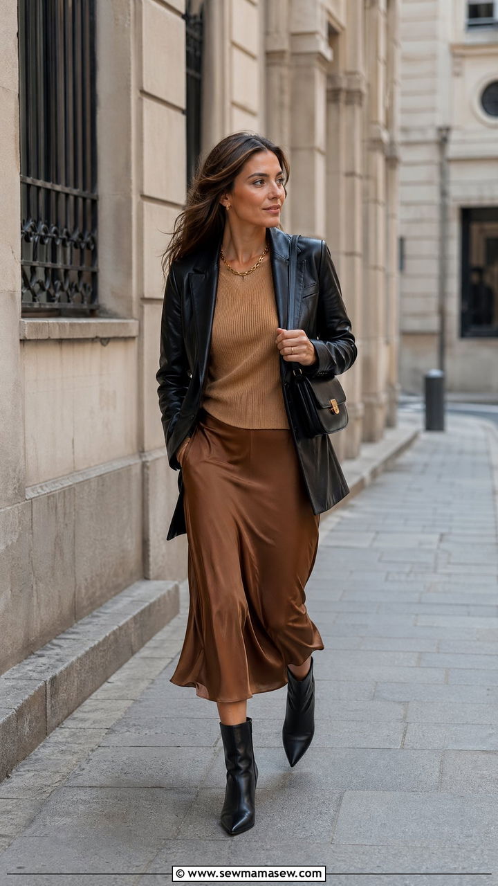 Black Leather Jacket Over Slip Skirt and Fine Knit Top - 35 classy old money outfits
