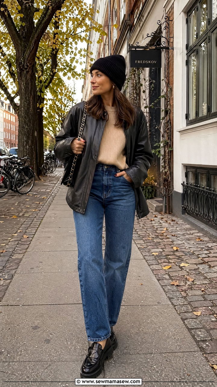 Black Leather Jacket With Beige Ribbed Sweater And Blue Jeans Outfit - 35 Copenhagen outfit ideas