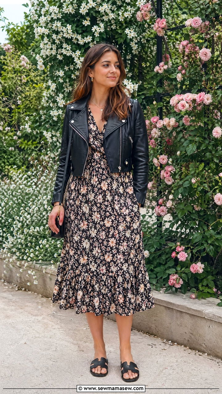 Black Leather Jacket With Floral Midi Dress - 35 Spring outfits in black