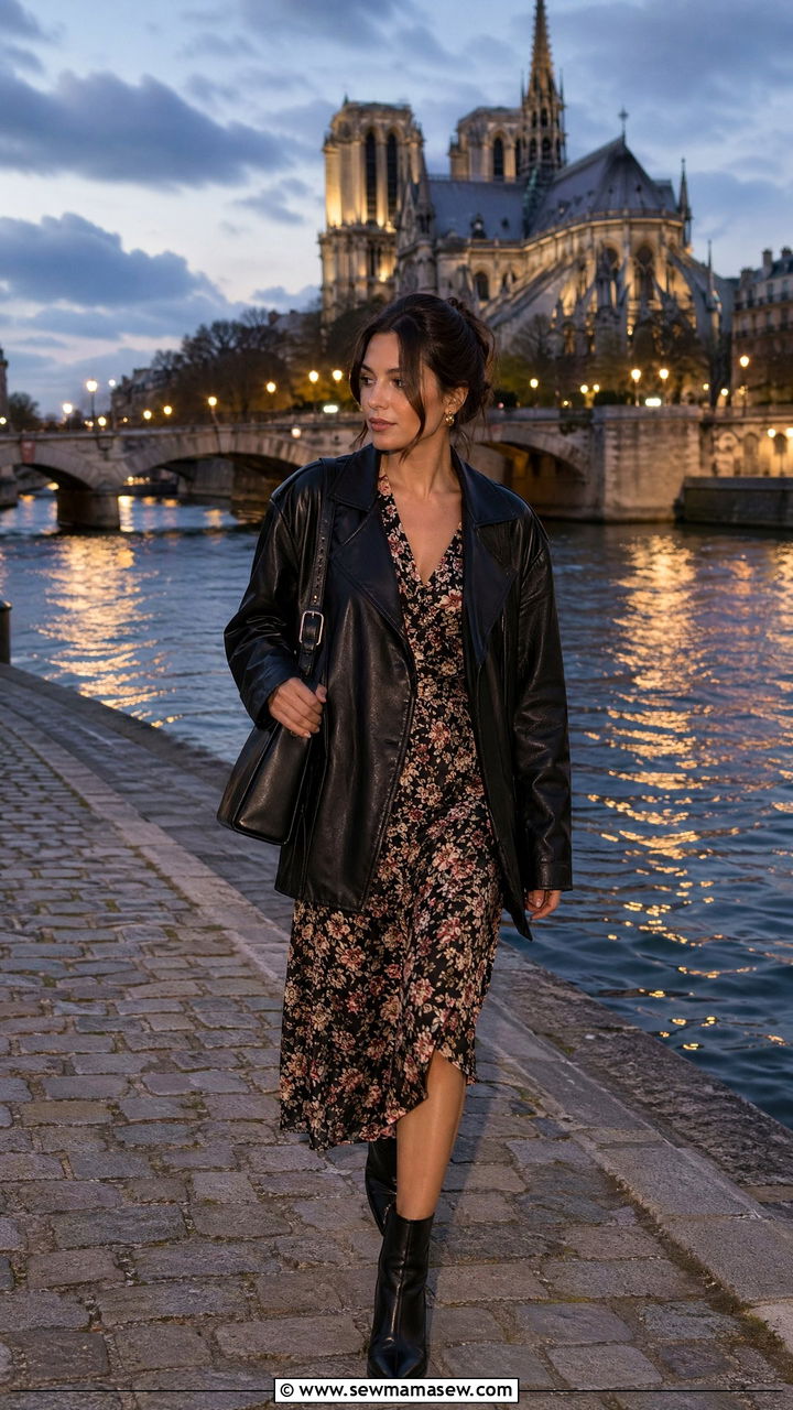 Black Leather Jacket with Floral Midi Dress and Ankle Boots - 35 Spring Paris outfit ideas