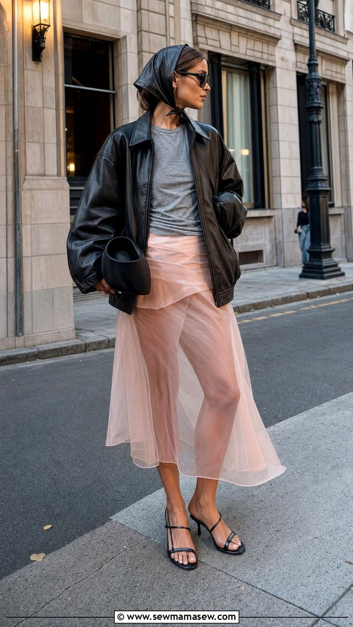 Black Leather Jacket with Sheer Skirt Outfit - 35 Scandinavian outfit ideas