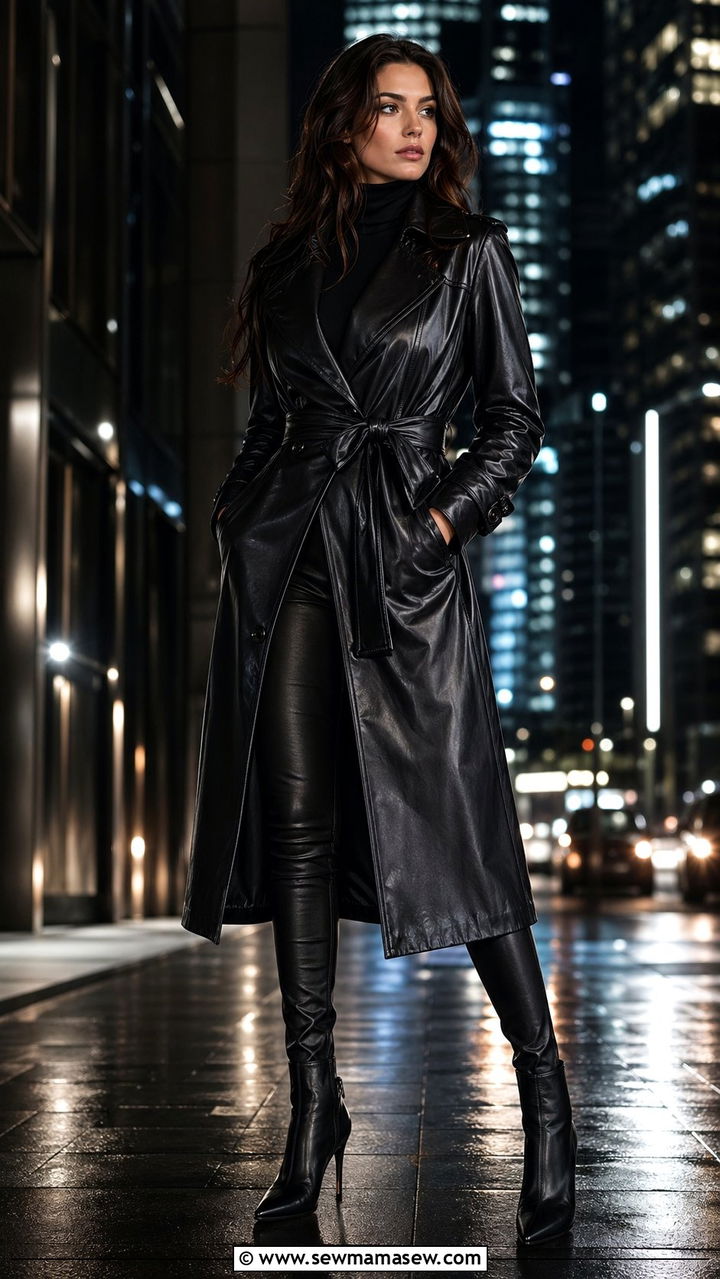 Black Leather Trench Coat With A Turtleneck And Skinny Pants - 30 Black trench coat outfit ideas for rain