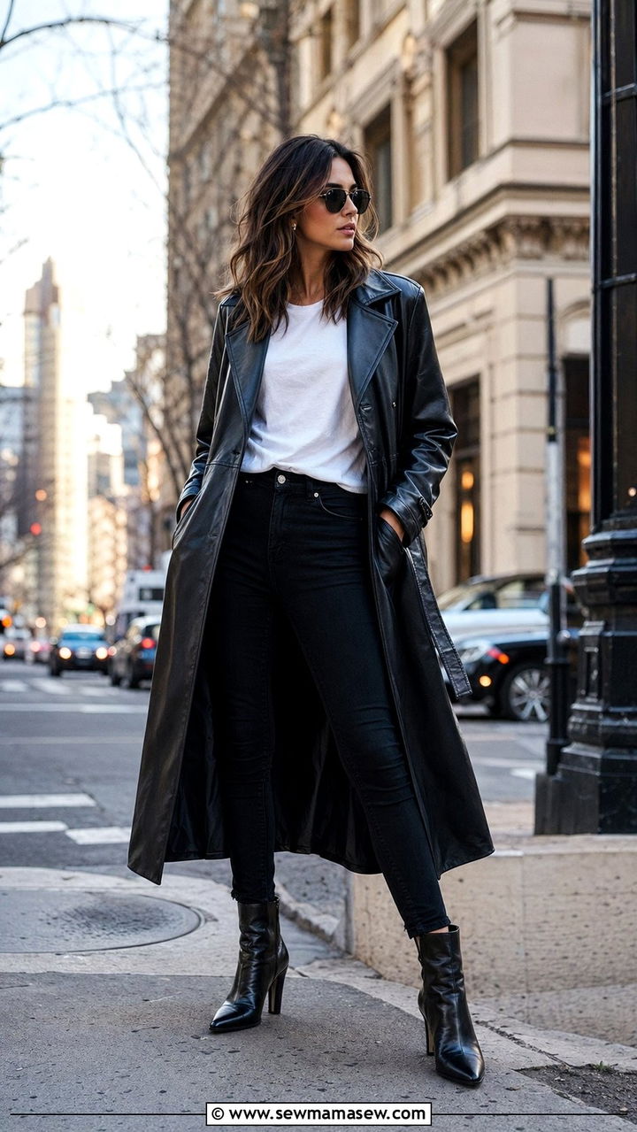 Black Leather Trench Coat with a White Tee and Black Skinny Jeans - 30 Black trench coat outfit ideas for spring