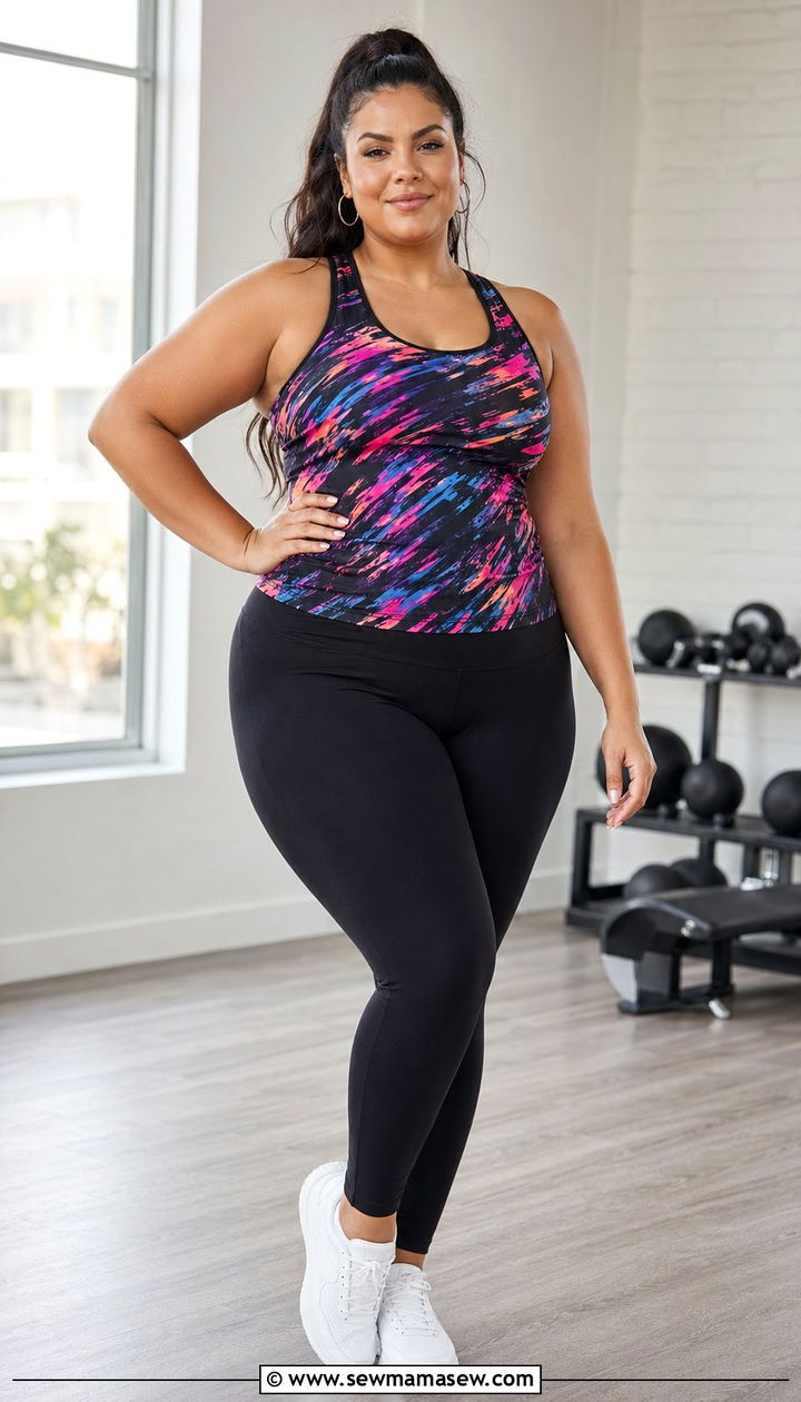 Black Leggings With Bright Patterned Top - 35 Plus size workout outfit ideas