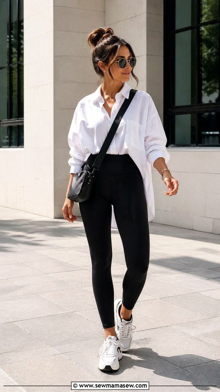 Black Leggings With an Oversized Button Down Shirt and Sneakers - 30 Sporty chic outfit ideas with sneakers